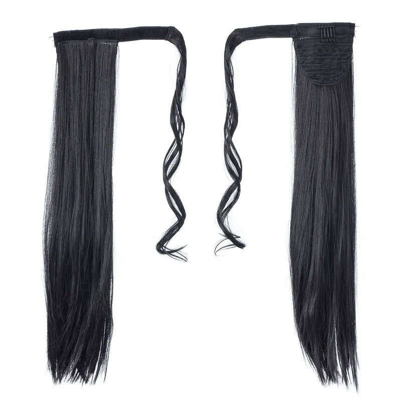 SWACC Women Long Straight/Curly Wavy Wrap Around Ponytail Extension Synthetic Hair Piece Clip in Hair extensions (Straight, 1B#-Off Black) - Image 4